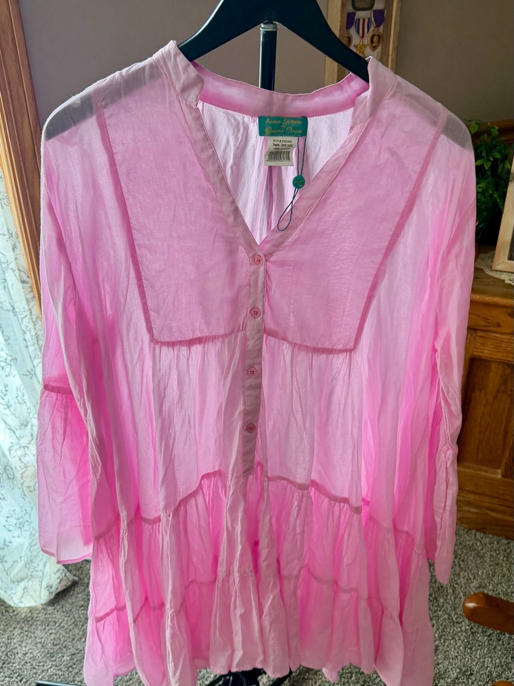 Sheer Pink Tiered Button-Front Women's Tunic